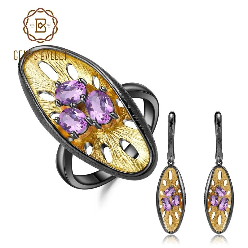 Floral Drop Earrings with Petals -Honeycomb Ring Earrings  Natural Amethyst Jewelry Sets