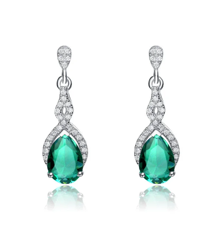 Drop Earrings for Birthday Celebration -C.z. Sterling Silver Rhodium Plated Emerald Teardrop Earrings