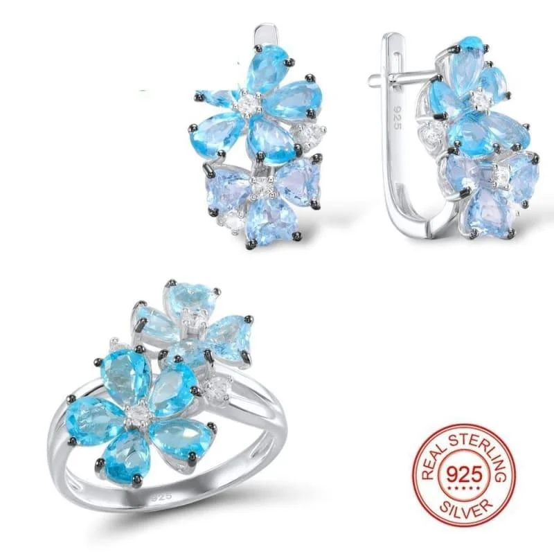 Crystal Drop Earrings for Sparkle -Blue Stone White Cubic Zirconia Ring Earrings Pure 925 Sterling Silver Fashion Jewelry Set