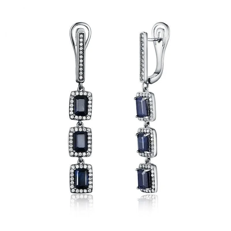 Leverback Drop Earrings for Comfort -Black Sapphire Gemstone Emerald Cut Earrings