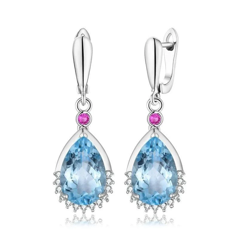 Drop Earrings with Embossed Patterns -Blue Topaz Brazilian 13.5ct Genuine Gemstone Water Drop Clasp Earrings