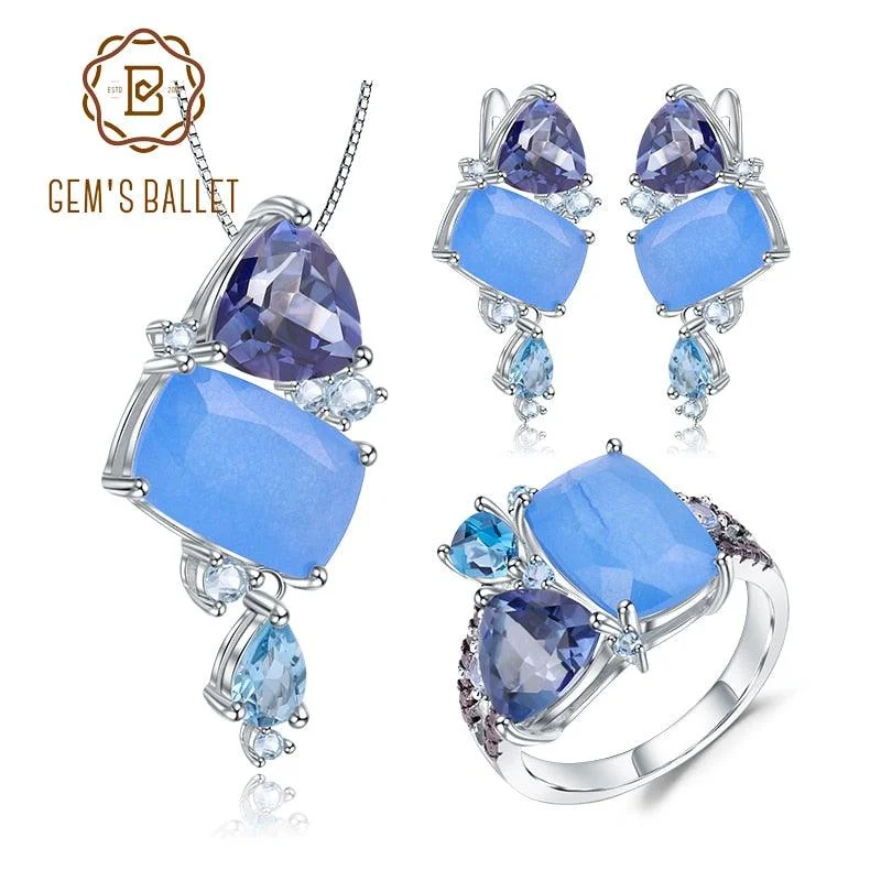 Drop Earrings for Prom Night -Candy Color Irregular  Aqua-blue Calcedony 925 Sterling Silver Ring Earrings Pendant Jewelry Set