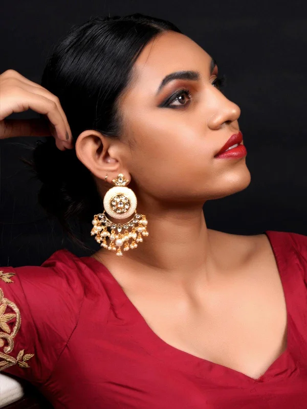 Drop Earrings with Polished Shine -Odette Women Cream Enamelled Kundan-Pearl Chandbali Earrings!