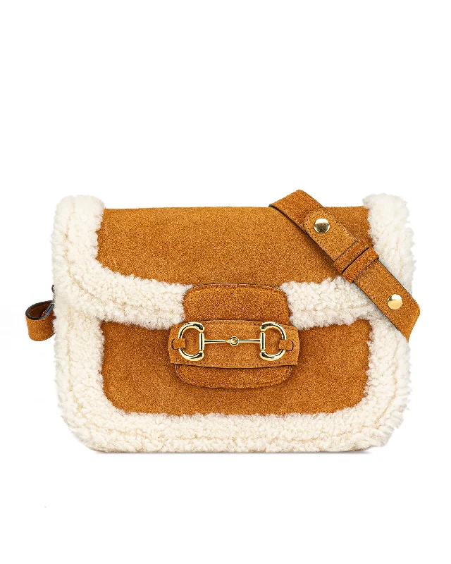 Women's bags with sporty design and functional details for active, on-the-go style-Shearling Trimmed Suede Crossbody Bag with Horsebit Detail