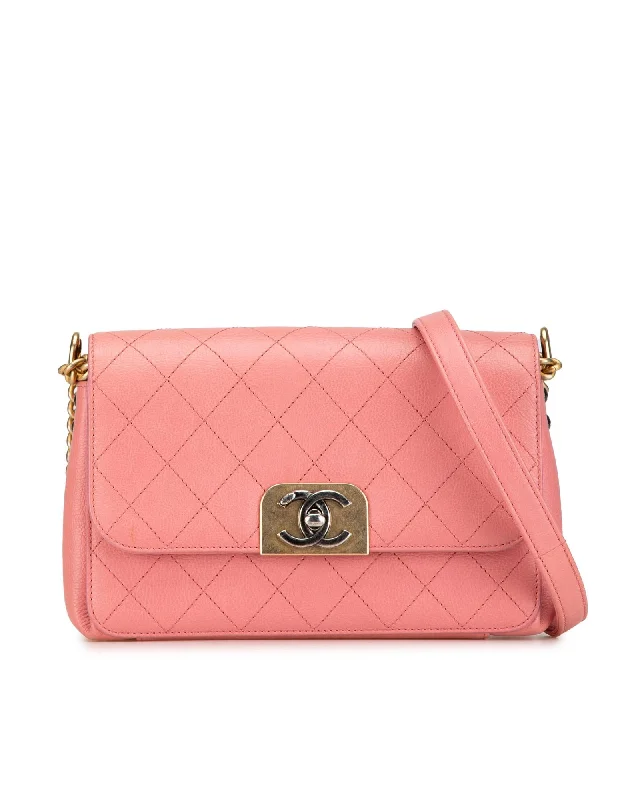 Women's bags with sleek silhouette and smooth finish for everyday wear-Quilted Calfskin Straight Lined Flap Crossbody Bag with Chain Strap and Twist Lock