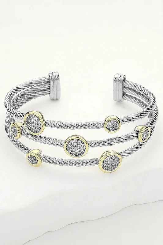 Bracelets with etched floral bands for detail -Stone Paved Round Bezel Split Cuff Bracelet