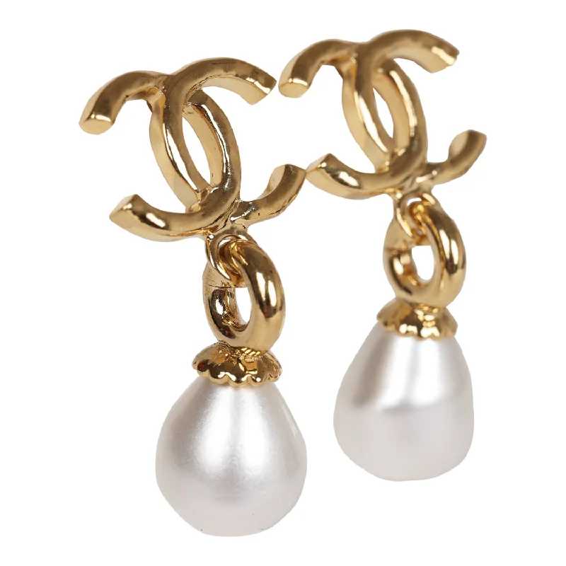 Drop Earrings for Anniversary -Chanel CC Pearl Drop Dangle Earrings Pearl & Gold Metal