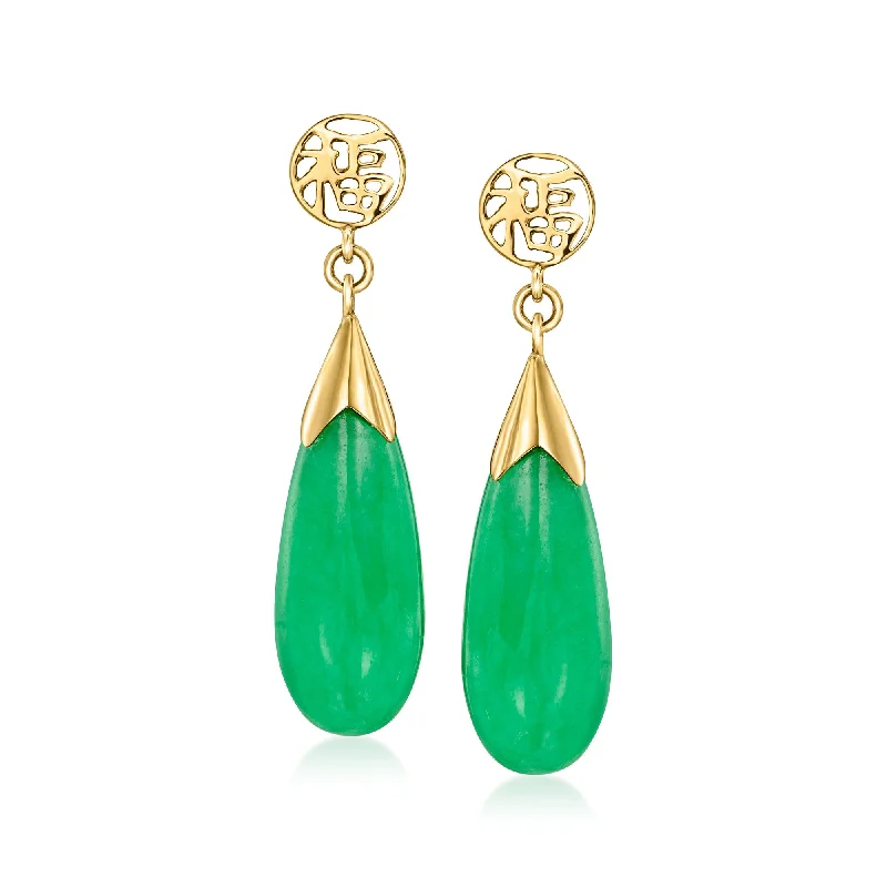 Gemstone and Diamond Drop Earrings for Opulence -Ross-Simons Jade "Good Fortune" Drop Earrings in 14kt Yellow Gold