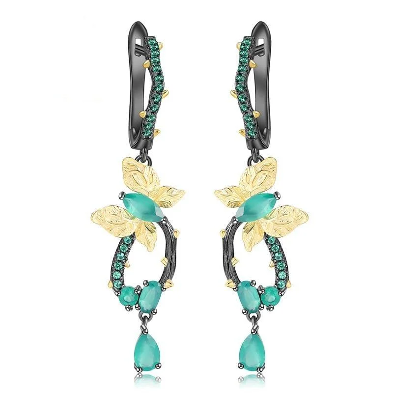 Contemporary Drop Earrings for Fashion -Green Agate Handmade Butterfly Elegant Drop Earrings