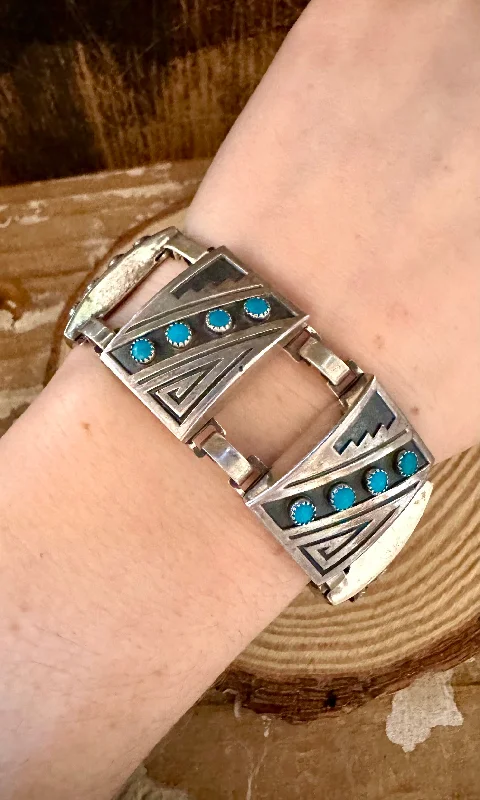 Bracelets with smoky quartz for muted tones -TURQUOISE LABYRINTH 1940s Sterling Silver Bracelet