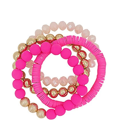 Bangles with rose quartz for soft pink -Hot Pink & Gold Multi-Texture Beaded Stretch Bracelet Stack