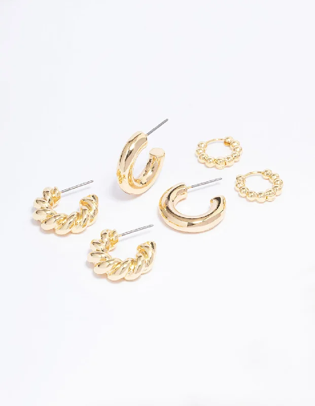 Drop Earrings for Shopping Trip -Lovisa - Gold Plated Small Textured Hoop Earring 3-Pack I Set of Stylish and Chic Earrings I Hypoallergenic I Durable and Comfortable