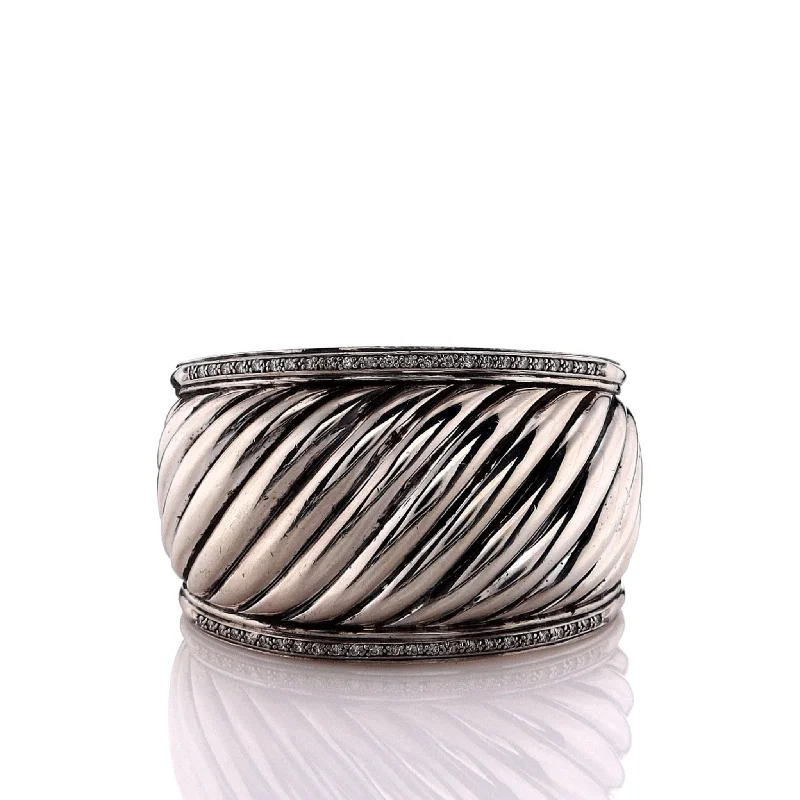 Rose gold bangles with geometric cutout designs -Estate David Yurman Sterling Silver Tapered Ribbed Diamond Cuff Bracelet