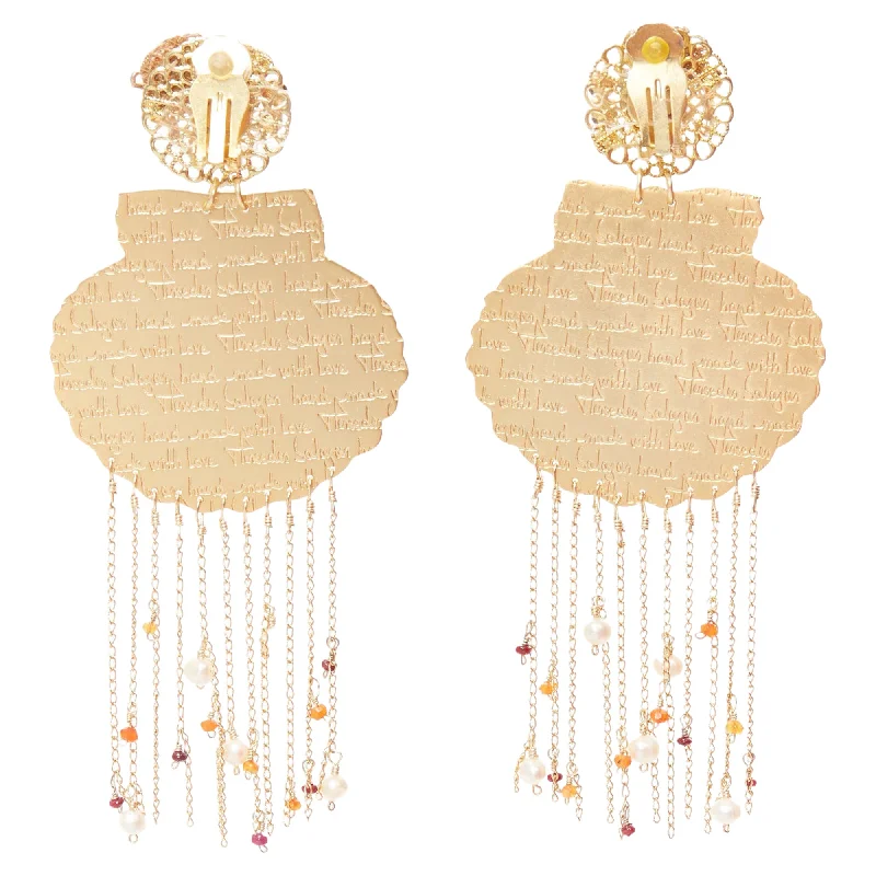 Drop Earrings for Shopping Trip -Mercedes Salazar Metal Shell Crystal Faux Pearl Tassel Clip Earrings