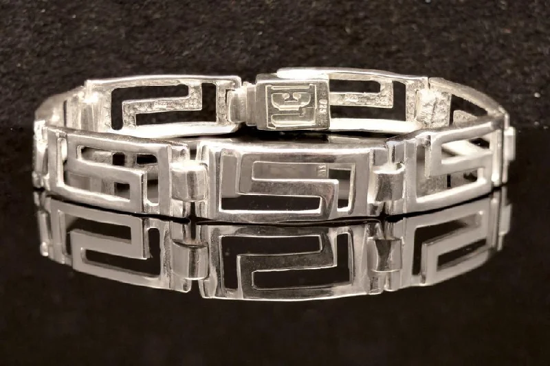 Bracelets with etched floral bands for detail -Greek Key Meander Bracelet in Sterling Silver (B-86)