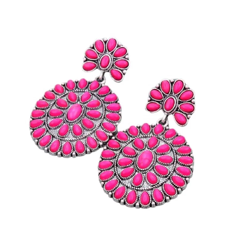 Drop Earrings with Vine Designs -Double Cluster Concho Earrings In Pink