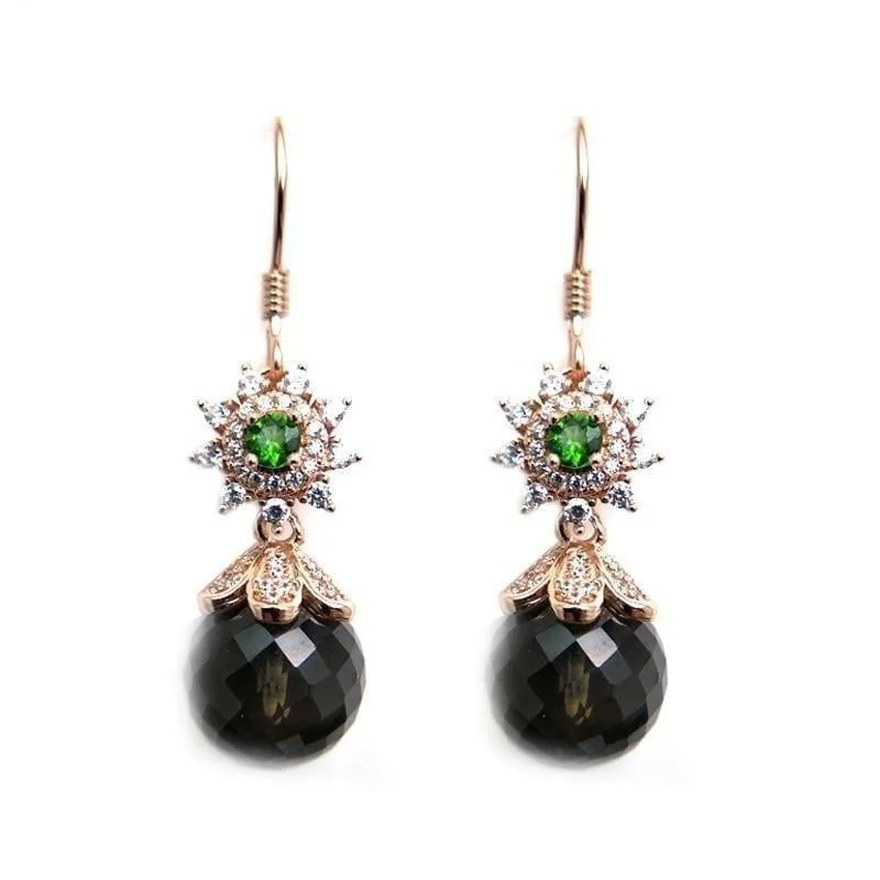 Waterproof Drop Earrings for Outdoor -Smoky Quatz and Tourmaline Real Gemstone Hook Earrings