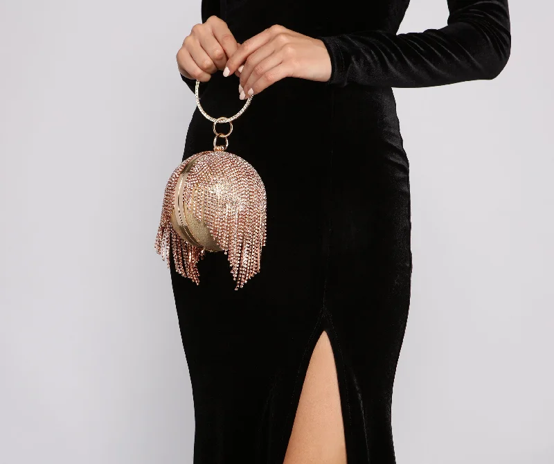 Women's bags with stylish handles and sleek shape for a contemporary, high-fashion look-Glam Up The Night Rhinestone Fringe Sphere Clutch