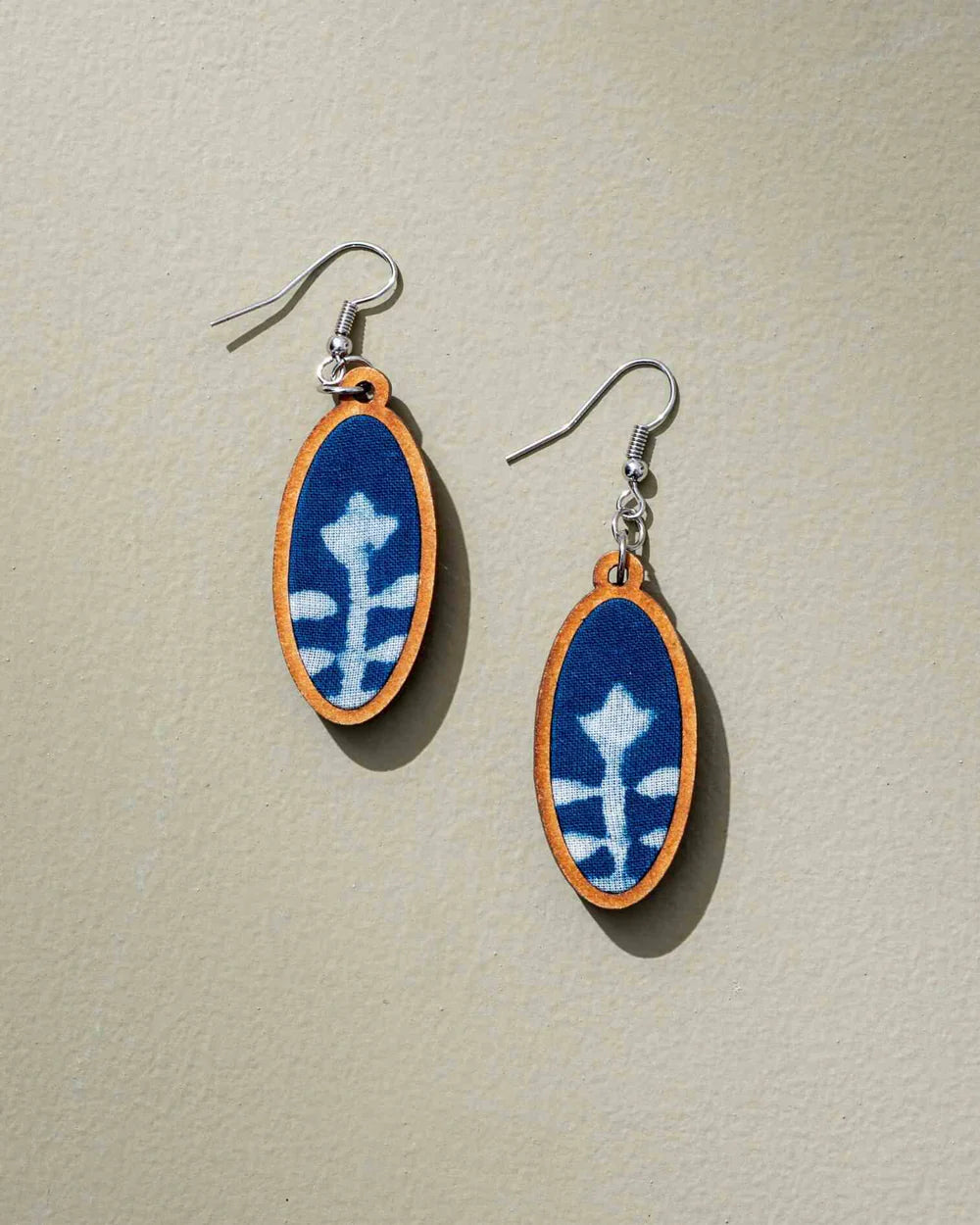 Drop Earrings with Debossed Designs -Upcycled Fabric & Wood Oval Earrings in Indigo