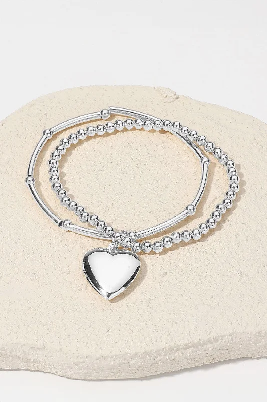 Bracelets with pave ruby for dazzling sparkle -SECRET BOX Silver Heart Charm Double Stretch Bracelet