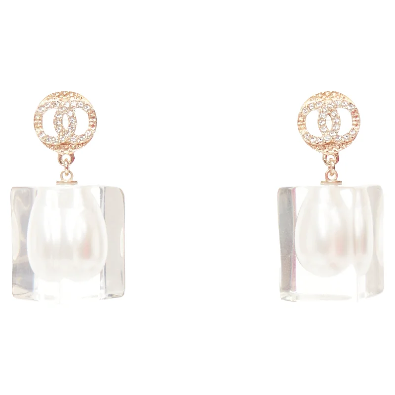 Minimalist Drop Earrings with Simplicity -Chanel CC Crystal Acrylic Encased Pearl Pin Earrings Pair