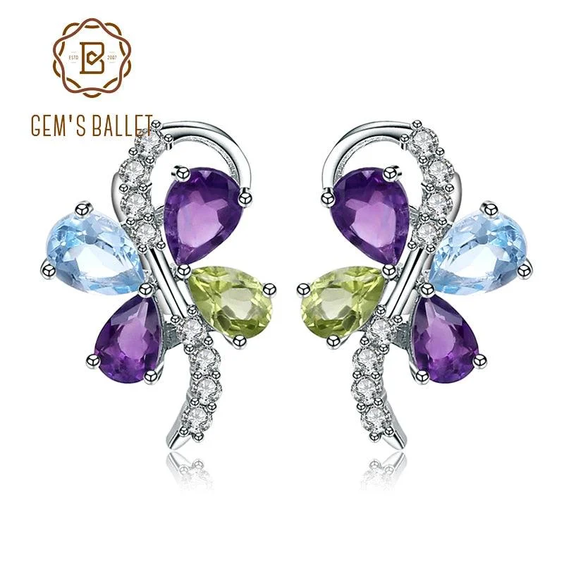 Drop Earrings for Valentine's Day -Sky Blue Topaz Amethyst Peridot Mix Gemstone 925 sterling silver Clip Earrings