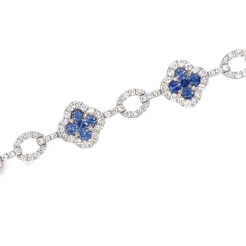 Bangles with engraved floral patterns for elegance -14K White Gold Sapphire and Diamond Clover Bracelet