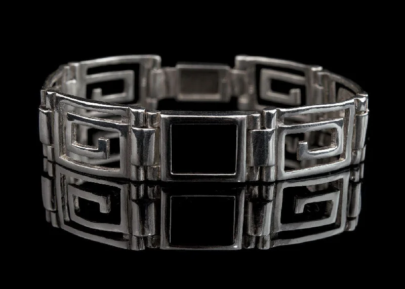 Bangles with claw-set tourmaline for vibrancy -Greek Key Meander Bracelet in Sterling Silver with onyx (B-94)