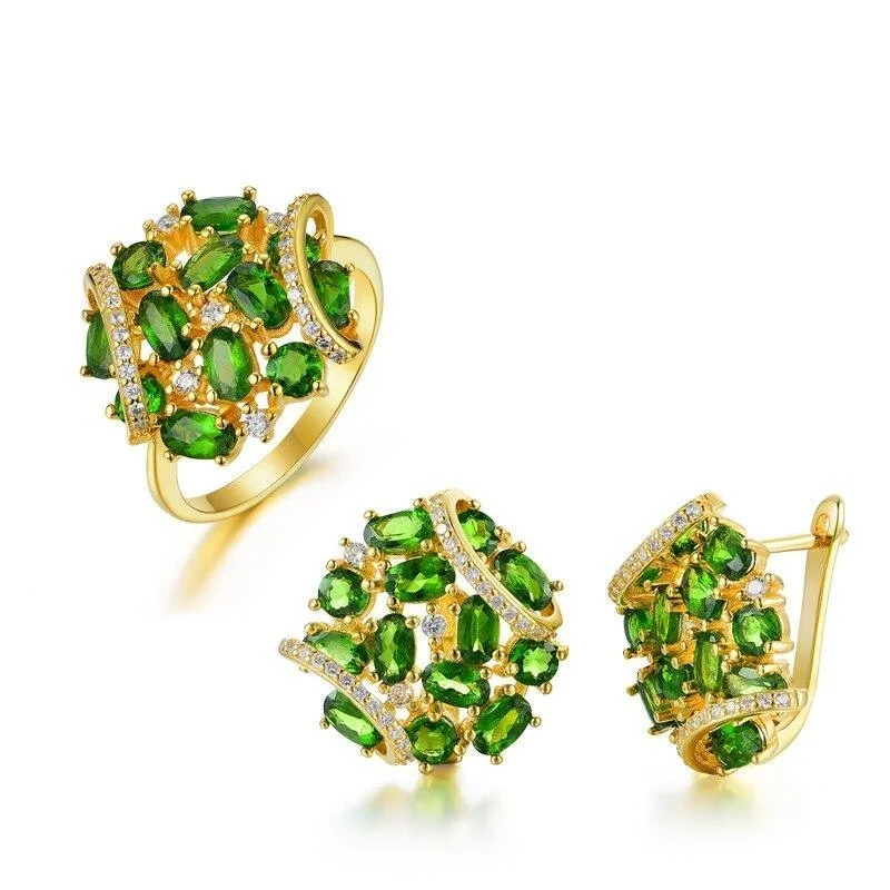 Drop Earrings with Polished Shine -Natural Diopside Classic Rings and Earrings Set