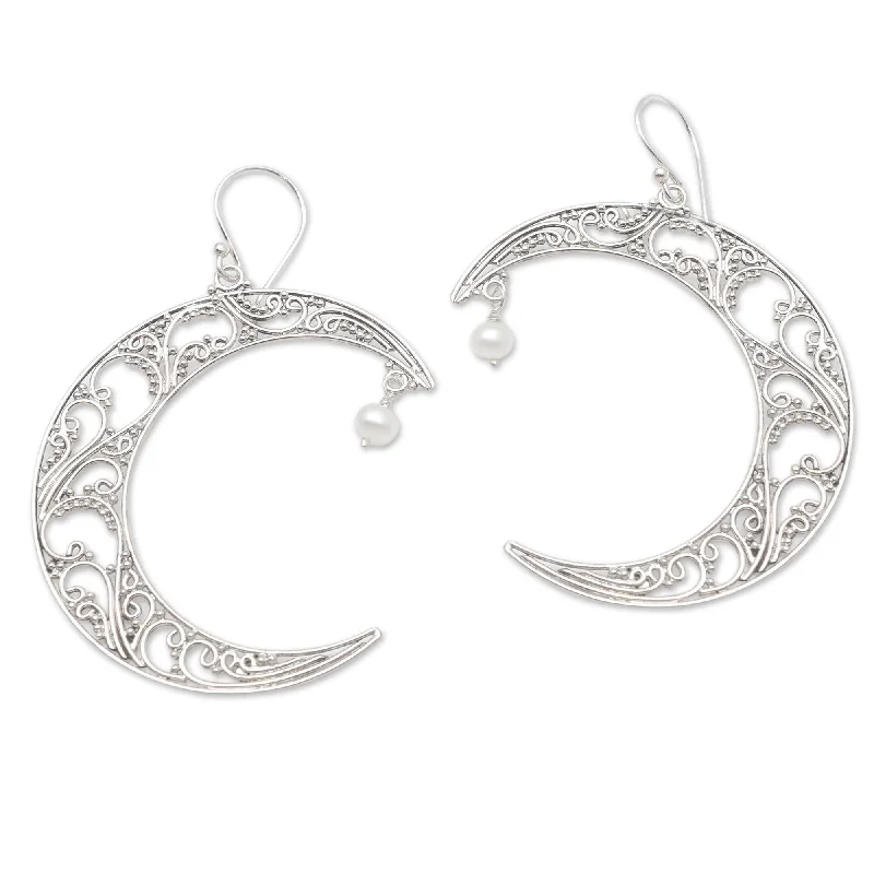 Drop Earrings with Etched Designs -Novica Handmade Crescent Couple Cultured Pearl Dangle Earrings