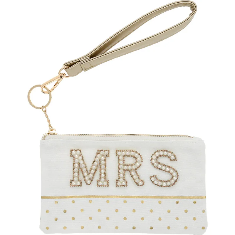 Trendy women's bags with color-blocking details and chic strap design for fashion-forward appeal-Mrs. Pearl Embellished Zippered Canvas Wallet Wristlet for Bride 8"X5"