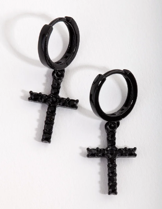 Gothic Drop Earrings with Dark Tone -Matte Diamante Cross Huggie Earrings