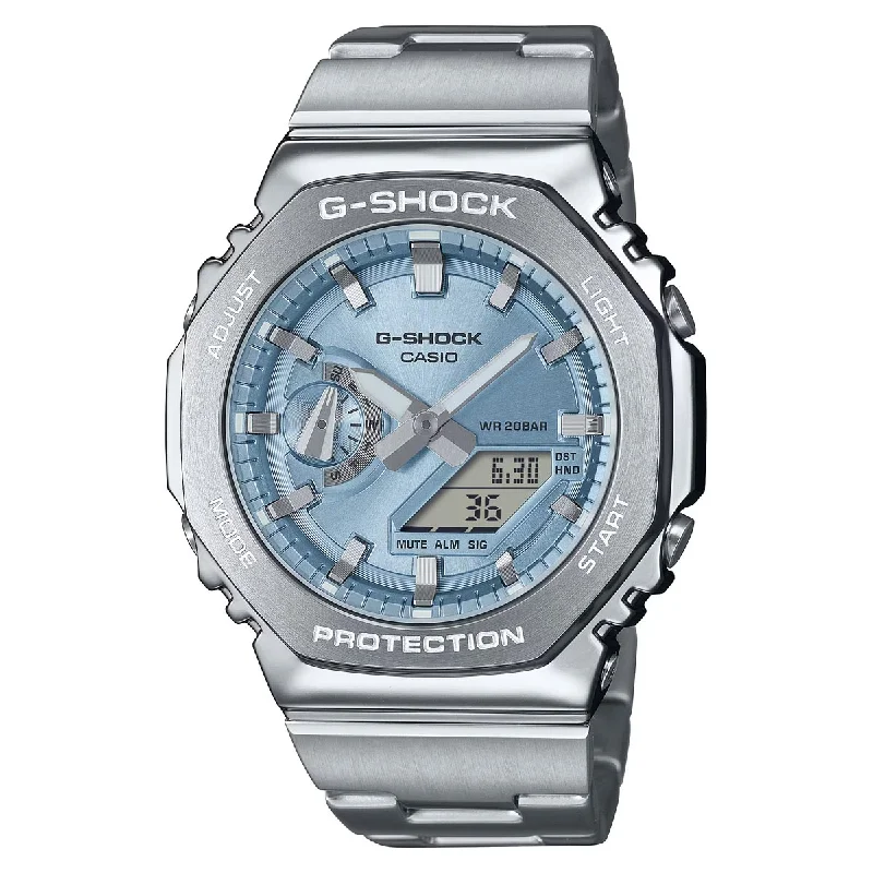 Bracelets with floral sapphire for romantic glow -G-Shock 2100 Series Mens Watch with Sky Blue Dial and Stainless Steel Bracelet (solar movement)