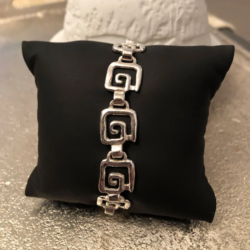 Bangles with faceted garnet for deep shine -Greek Key Meander Bracelet in Sterling Silver (B-62)