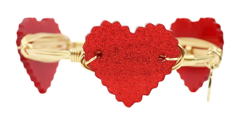 Bangles with engraved floral patterns for elegance -Red Glitter Heart Bangle Bracelet