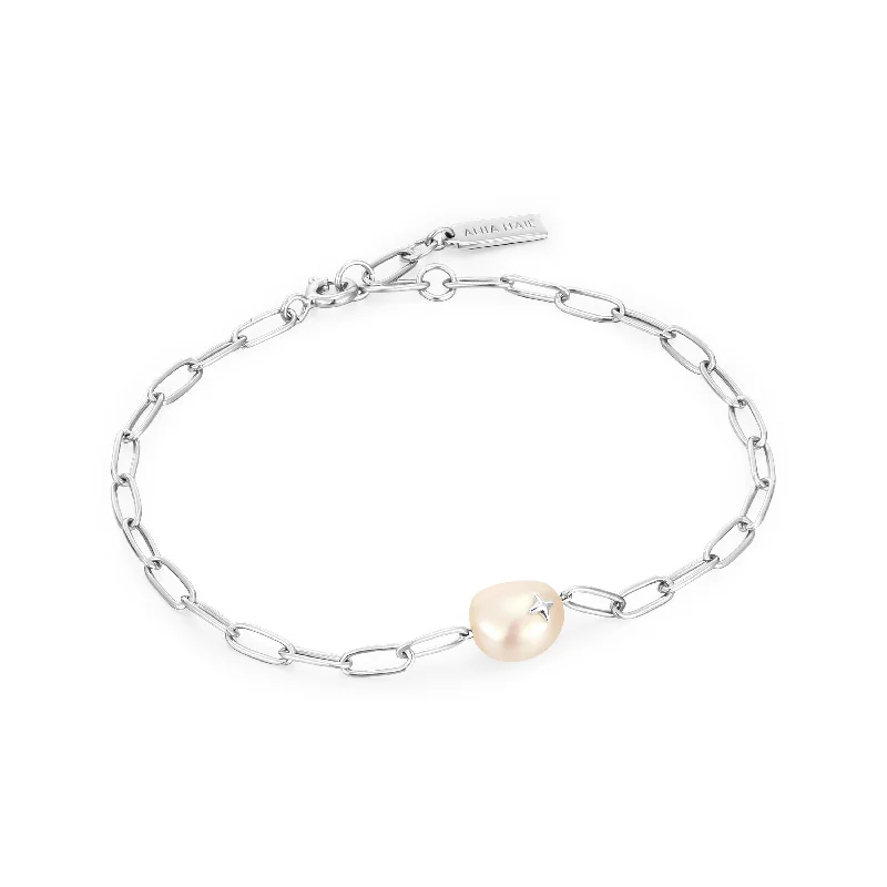 Bangles with rose gold filigree for elegance -Silver Pearl Sparkle Chunky Chain Bracelet