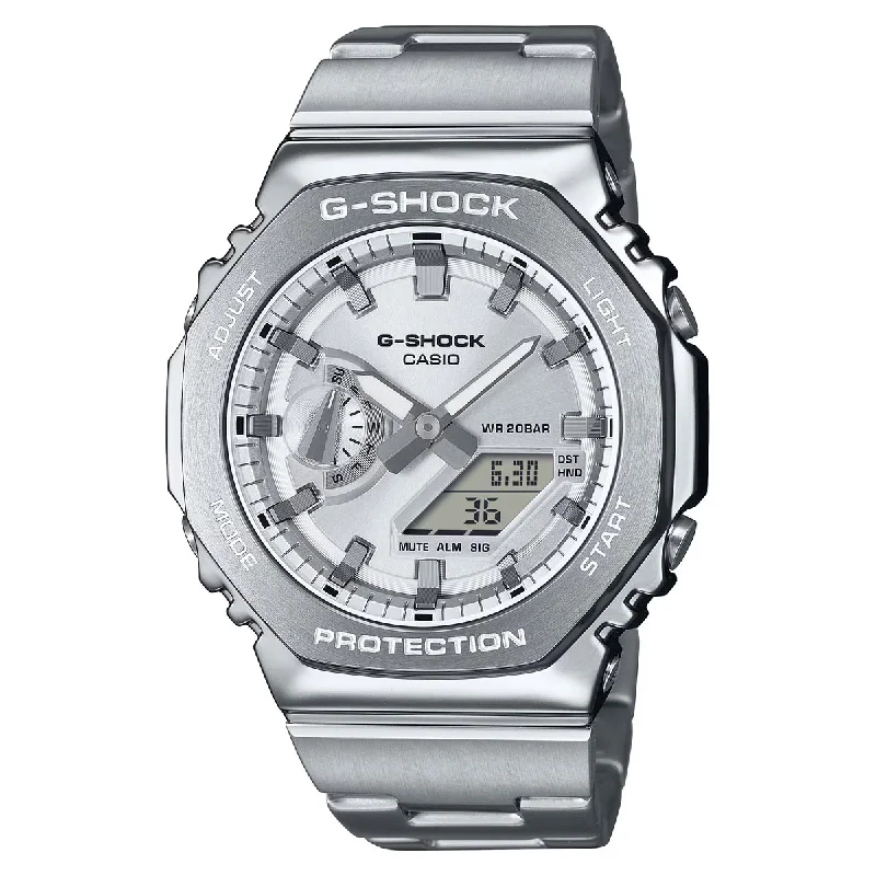 Bracelets with wave engravings for ocean vibes -G-Shock 2100 Series Mens Watch with Silver Toned Dial and Stainless Steel Bracelet (solar movement)