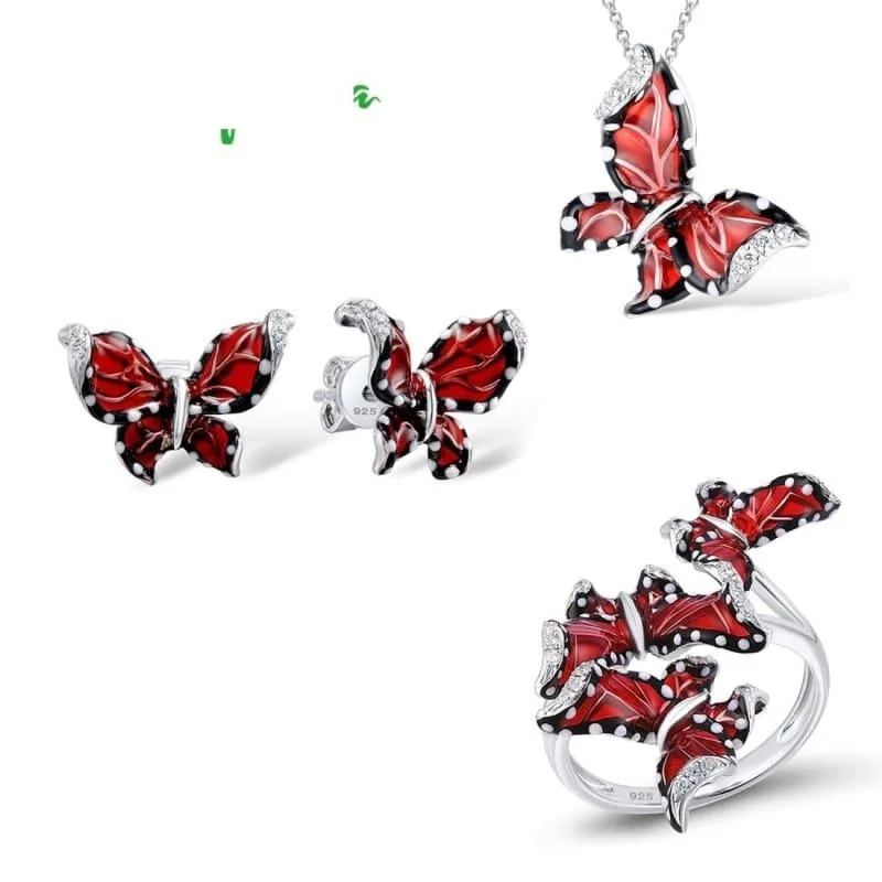 Animal Print Drop Earrings for Fun -Red Butterfly White CZ Ring Earrings Pendant 925 Sterling Silver Fashion Jewelry Set