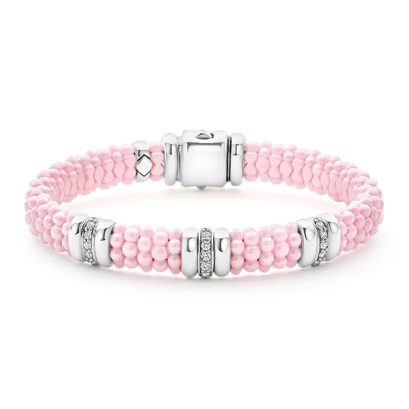 Bracelets with spiral ruby for striking twist -Pink Three Station Diamond Caviar Bracelet | 9mm