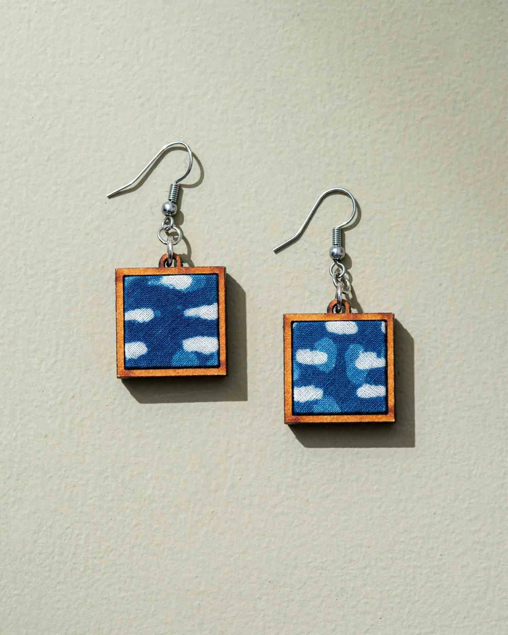 Drop Earrings with Embossed Patterns -Upcycled Fabric & Wood Square Earrings in Indigo