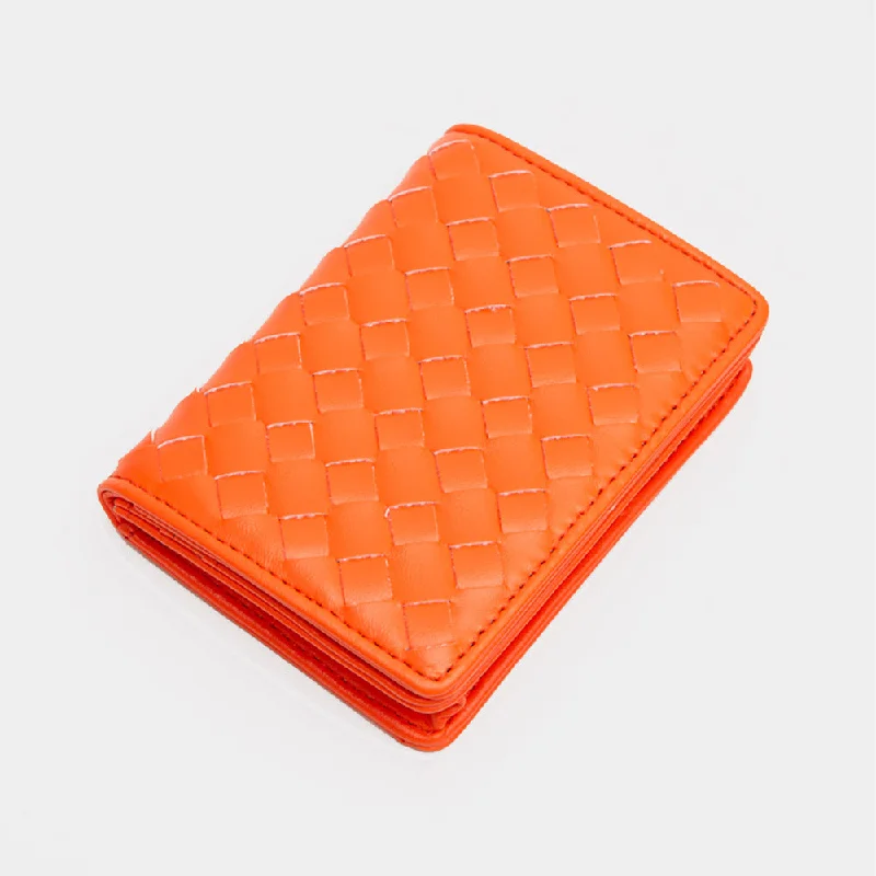 Women's bags with chic, structured design and textured leather for added flair-Vegan Leather Basket Weave Card Holder Wallet in Orange