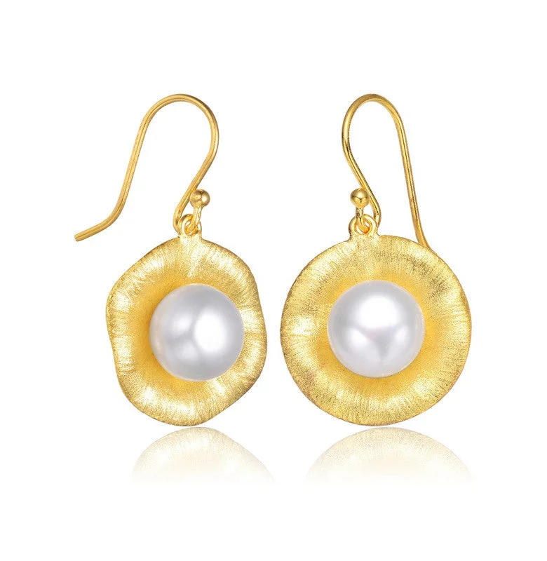 Drop Earrings for Valentine's Day -GENEVIVE Sterling Silver Gold Plated Freshwater Pearl Hook Earrings