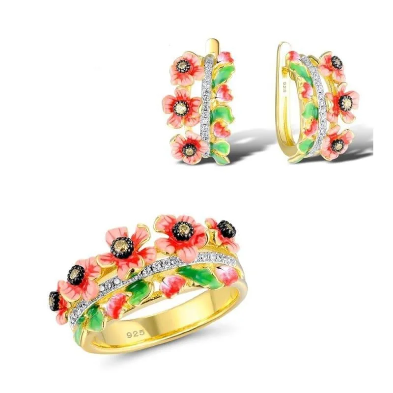 Drop Earrings for Office Wear -Orange Flower Yellow CZ Stones Ring Earrings 925 Sterling Silver Women Fashion Jewelry Set