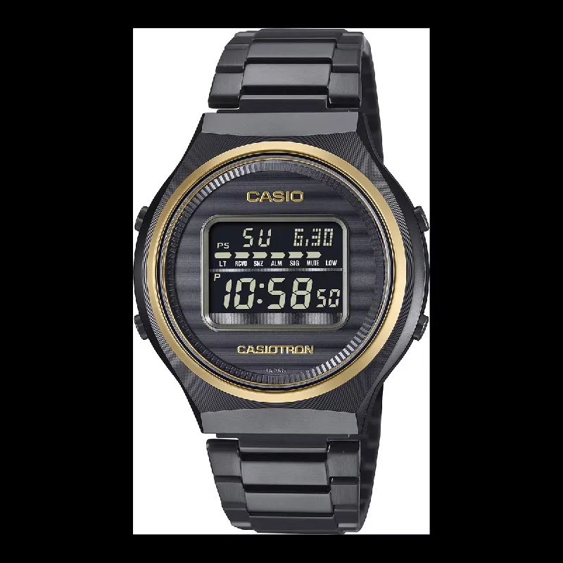 Bangles with agate slices for earthy look -Casio 50th Anniversary Limited Edition Zero to One Watch with Digital Dial and Black Stainless Steel Bracelet with Gold Toned Details (solar movement)