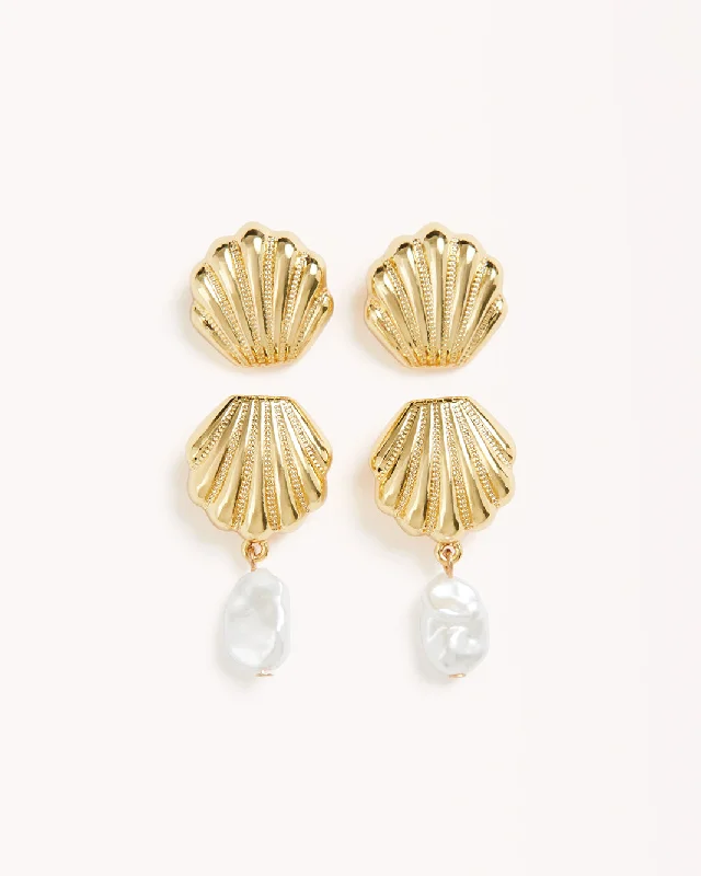 Screw Back Drop Earrings for Security -OCEAN EARRINGS 2 PACK - GOLD-PEARL