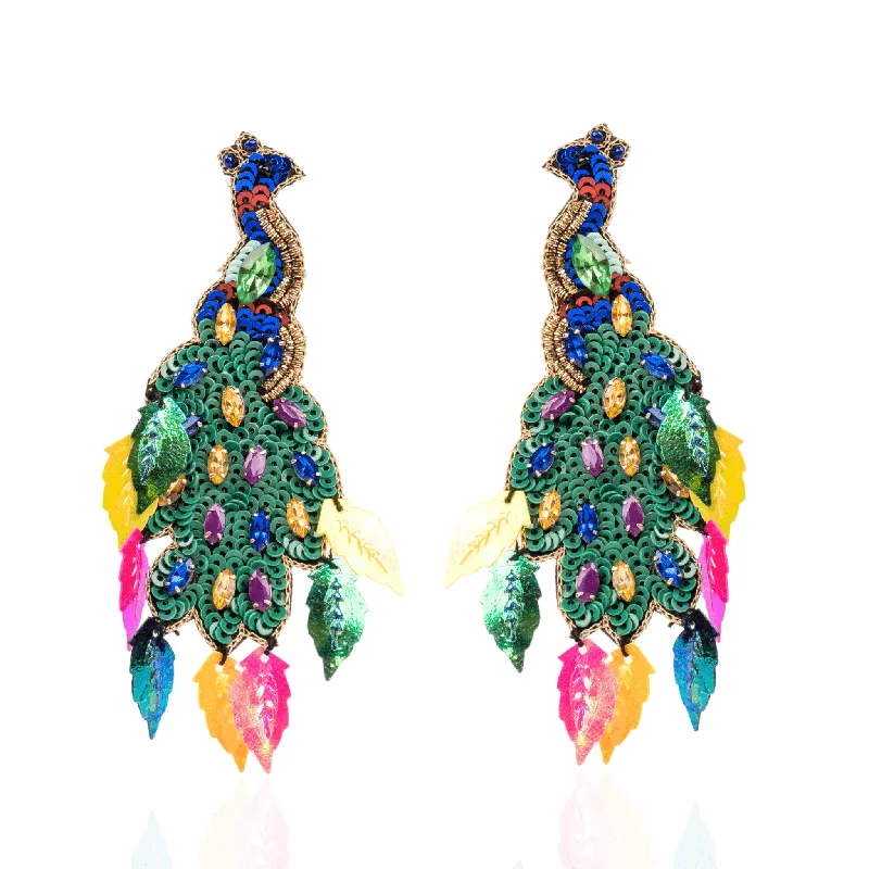 Clip On Drop Earrings for Non Pierced -Flamboyant Farah Peacock Earrings