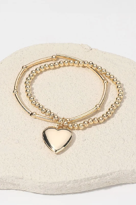 Bangles with sleek black agate for edge -SECRET BOX Gold Heart Charm Double Stretch Bracelet