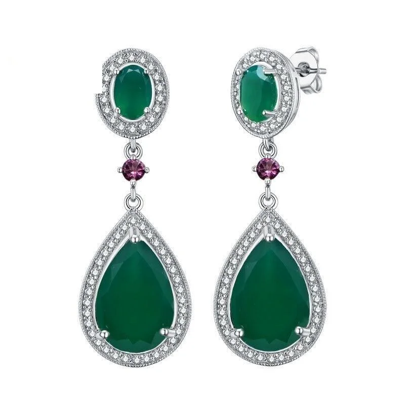 Gemstone and Diamond Drop Earrings for Opulence -Natural Green Agate Water Drop 925 Sterling Silver Fine Jewelry Clasp Earrings