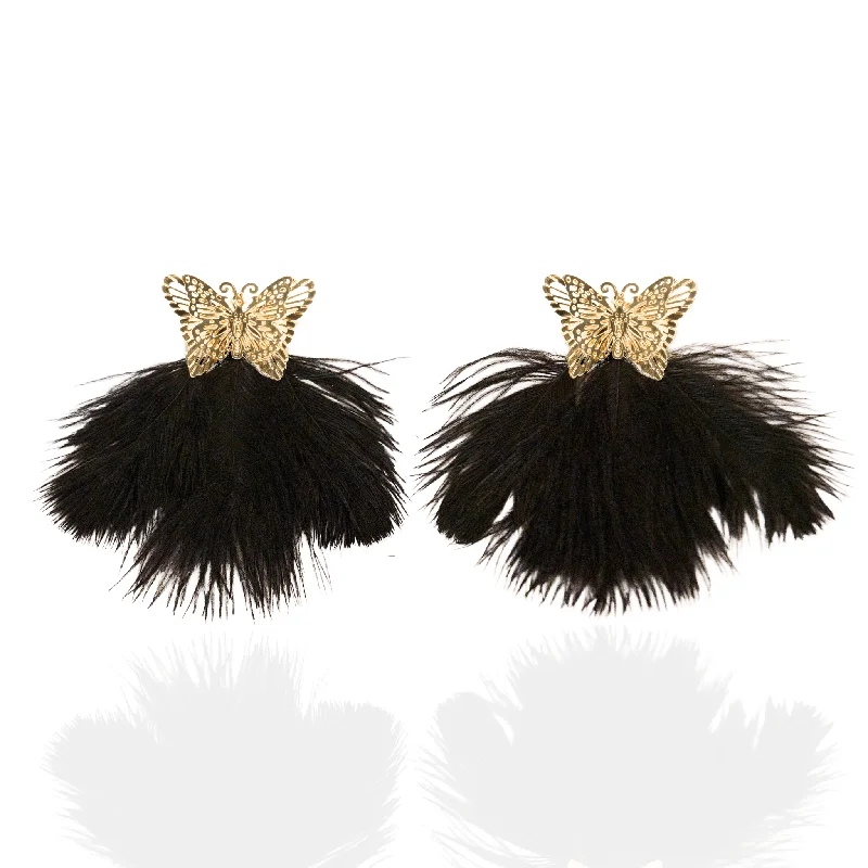 Hippie Drop Earrings with Beads -Dana Ostrich Feather Earrings - Black