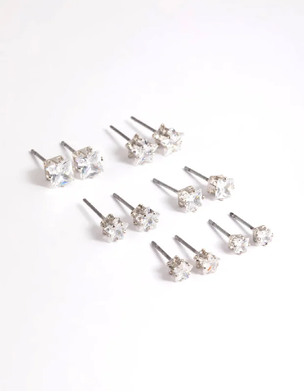 Waterproof Drop Earrings for Outdoor -Cubic Zirconia Star and Square Earrings 6-Pack